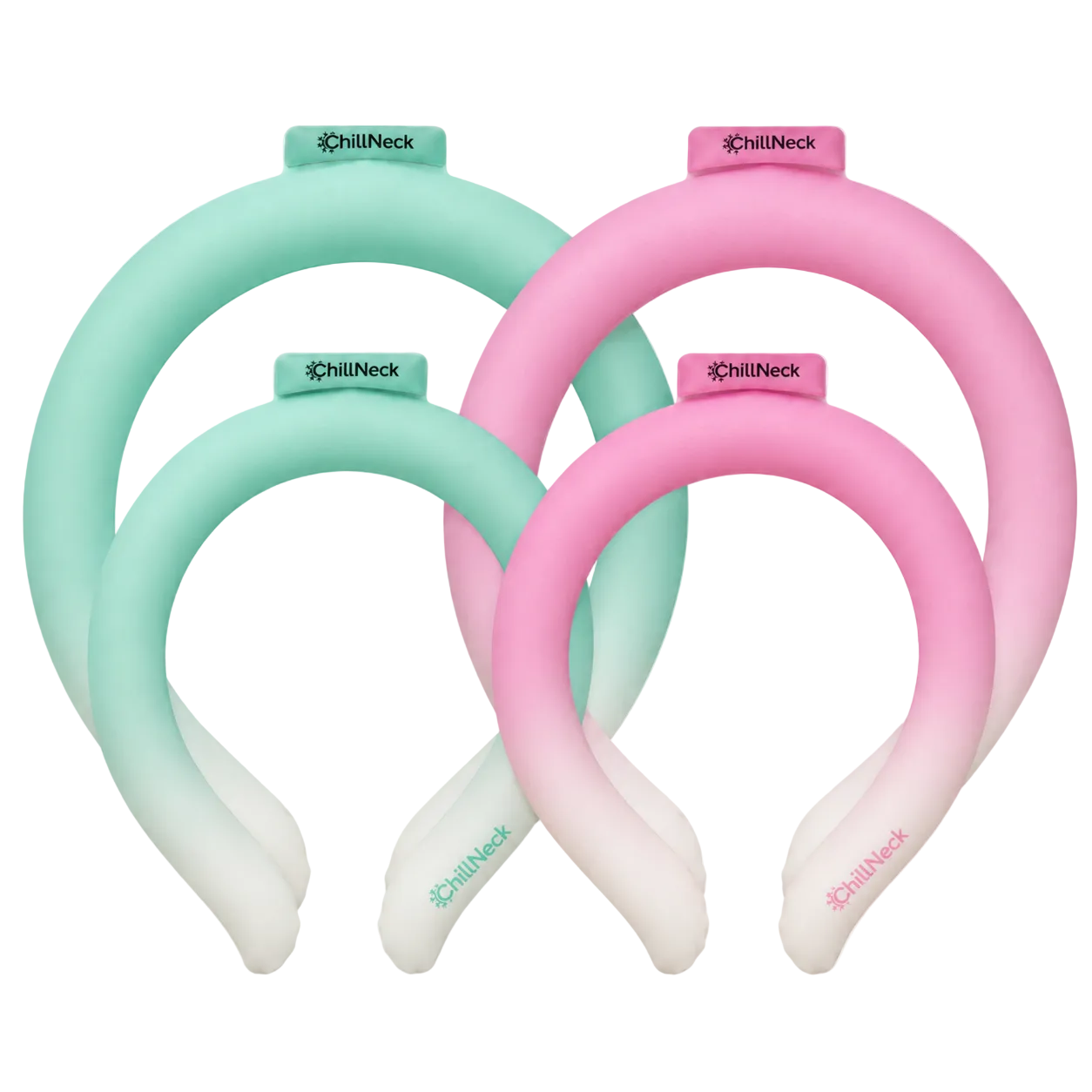ChillNeck Crew-Bundle — vier Nackenkühlringe in Pink Frost und Arctic Mint