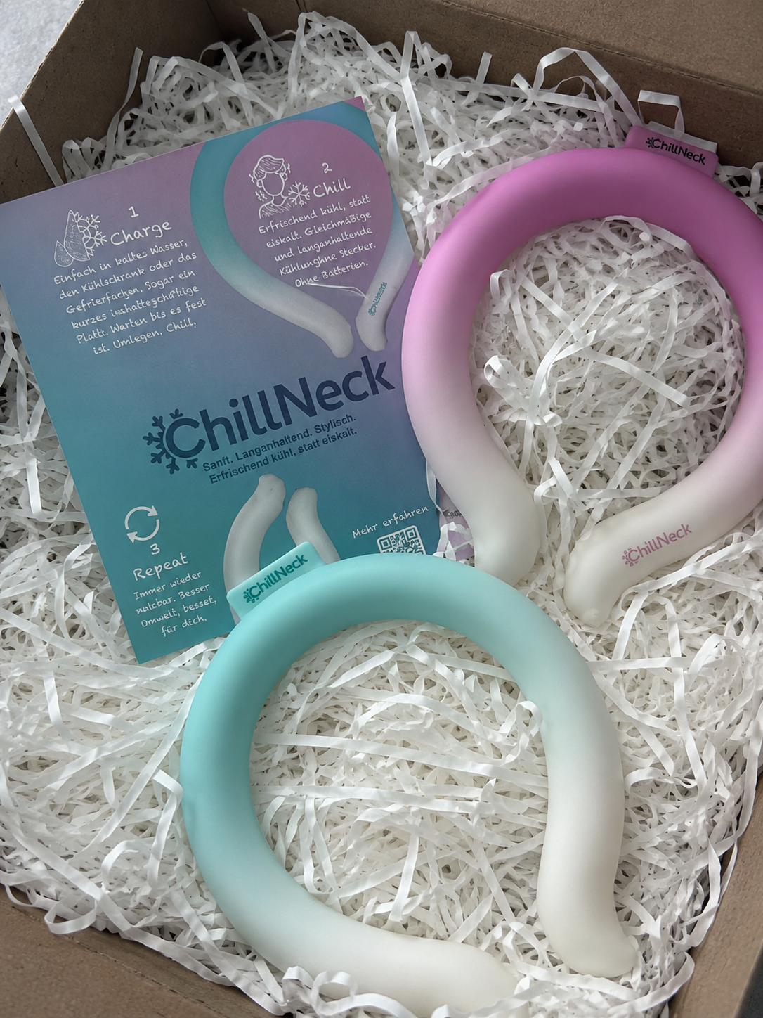 ChillNeck Duo — Pink Frost und Arctic Mint, beide Farben des PCM-Nackenkühlrings