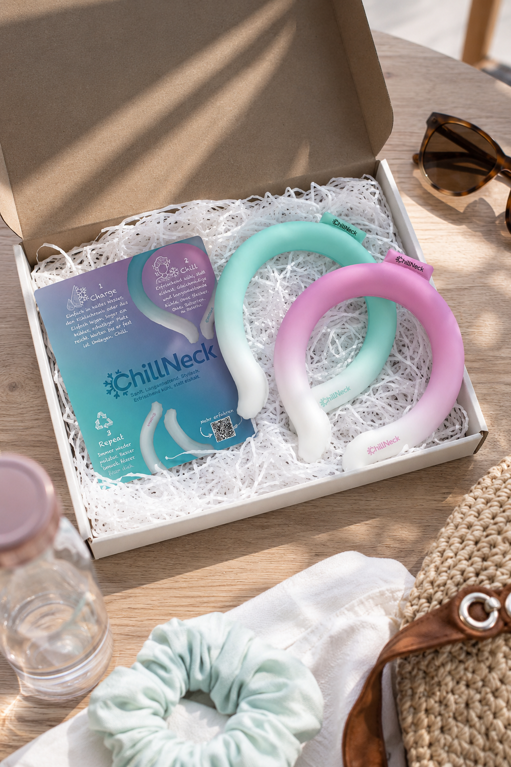 ChillNeck Duo — Pink Frost und Arctic Mint, beide Farben des PCM-Nackenkühlrings